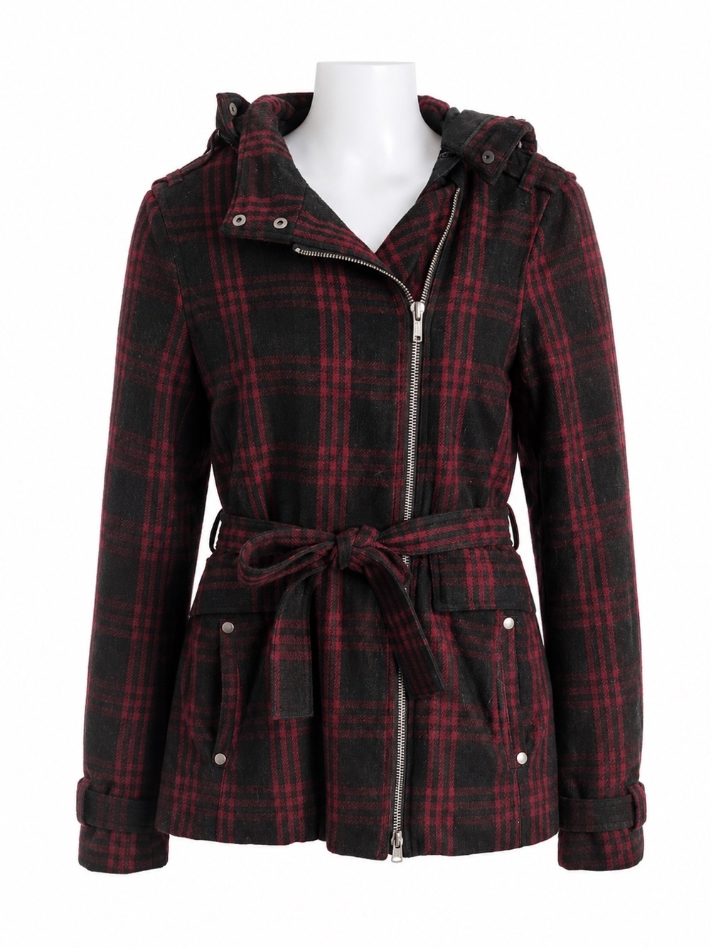 Size L Roots Plaid Wool Blend Belted Hooded Winter Coat Jacket